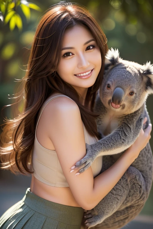 Woman hugging a koala in Australia:1.5, Suits and skirts, Dynamic, cinematic photos,(Ultra Realistic, High resolution), (Highly detailed eyes, Highly detailed hair, highly Detailed face, Highly detailed plump lips，Perfect Anatomy),(Highest quality:1.4), (Realistic, photo-Realistic:1.37), Professional photography, Cinematic Light, (Detailed face: 1.2), Waist line, smile