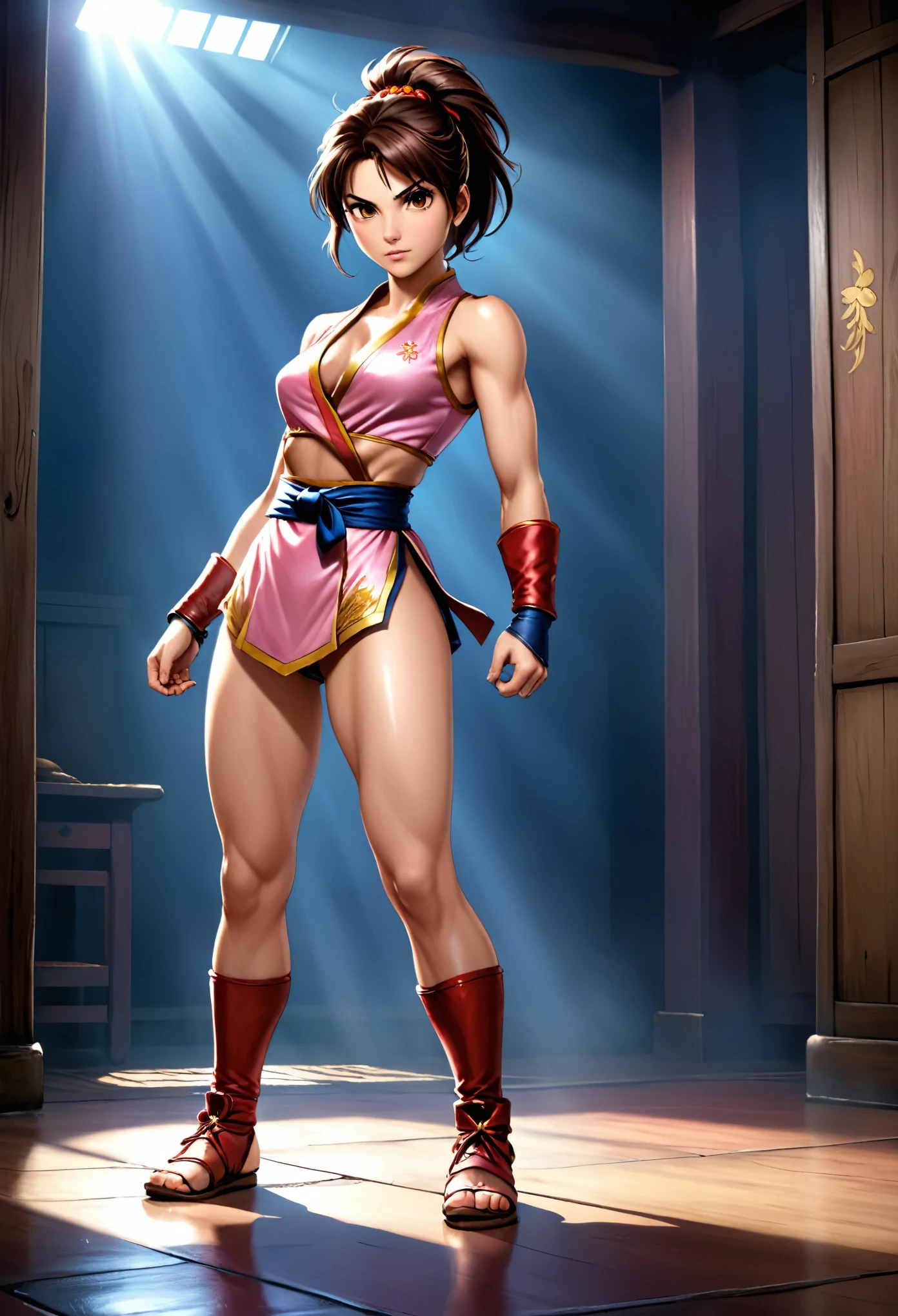 (Realisttic:1.2), analog photo style, (cute woman looking like Sakura Kasugano from "Street Fighter"), (cute detailed face, intensed detailed eyes), (her full body s a visual pleasure), faint smile, soft shading, lifelike skin texture, sexy and seductive, light reflection on the floor, three dimensional effect, gloomy dark atmosphere, play of light in the sun rays, faded colours, great quality, Masterpiece, intricate fantasy background, naturally cinematic light, 16k quality, HDR, RAW photo