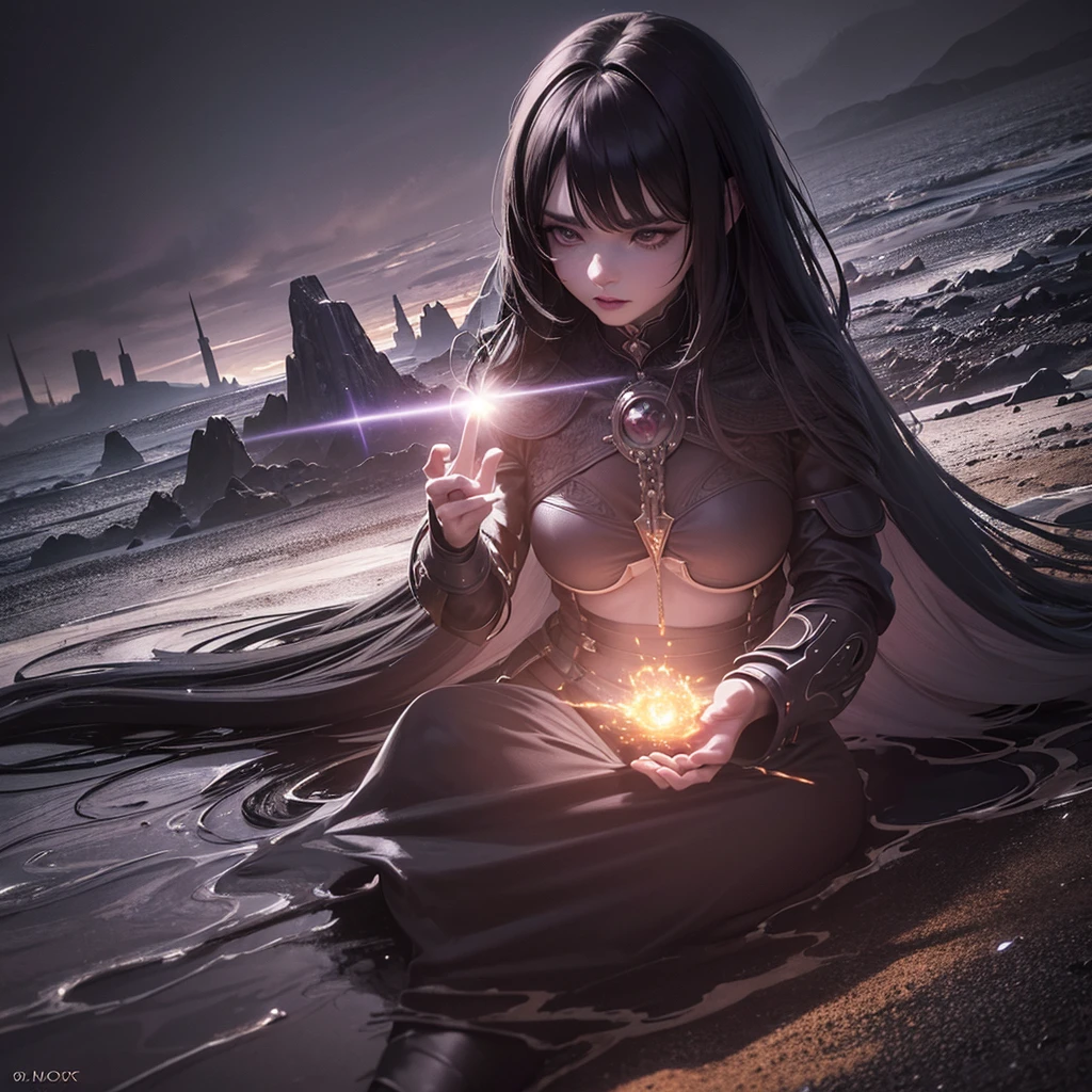 intricate detailed fantasy portrait of a cryptic girl casting a spell, girl with intense eyes and mystic expression, wastelands landscape, energy sparks up from the ground and connects to the girl, girl channeling energy blast, dark moody atmosphere, dynamic dramatic lighting, digital art, cinematic, (best quality,8k,masterpiece:1.2),ultra-detailed,(realistic,photorealistic,photo-realistic:1.37),volumetric lighting,chiaroscuro,moody colors,dark fantasy,surreal
