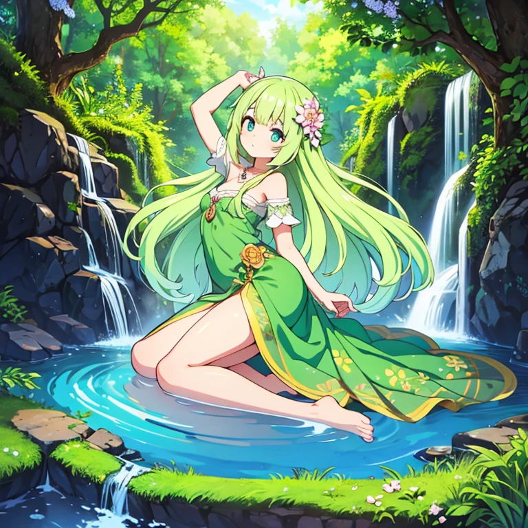 Floralia has a slender, elegant figure adorned with lush, verdant foliage and delicate flowers that bloom all over its body. Its hair is a cascade of vines and blossoms, flowing down its back like a botanical waterfall. Floralia's eyes are a bright, sparkling green, reflecting its deep connection to the natural world. Full body, beautiful eyes , 1 girl  , full body , cute girl , anime style ,  , cute eyes