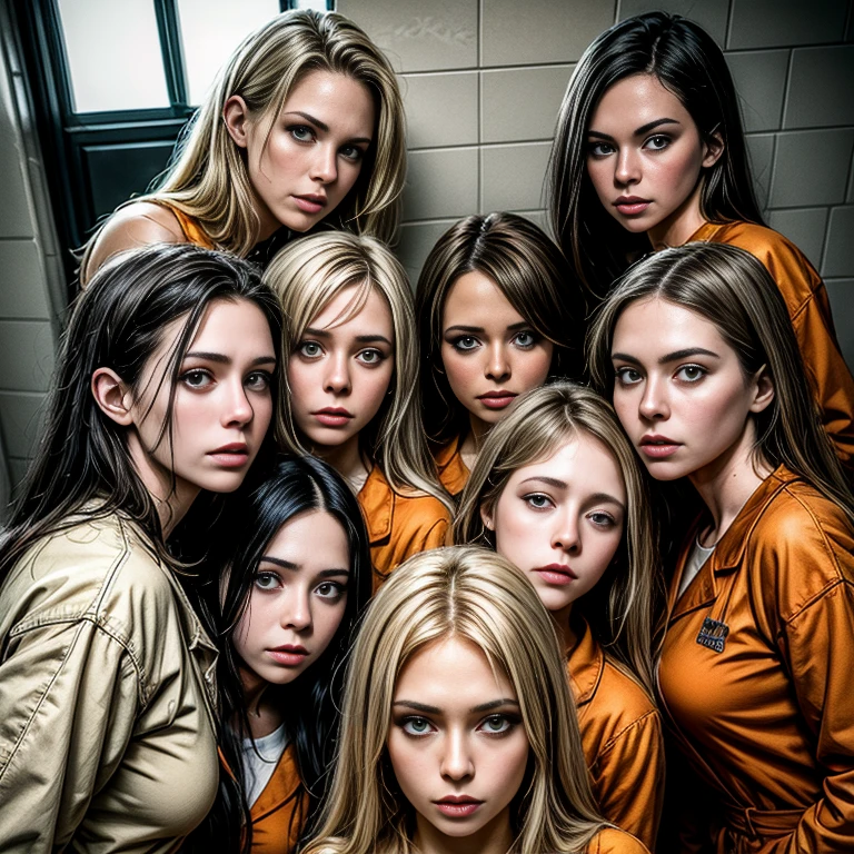 foto de grupo, sonrisa, pechos medianos,8 chicas,Hermoso rostro,mirando al espectador, reclusos ,Realista,prisión cell,orange prisión jumpsuit,prisión,(obra maestra, alta calidad:1.2) diferentes mujeres, cara perfecta.