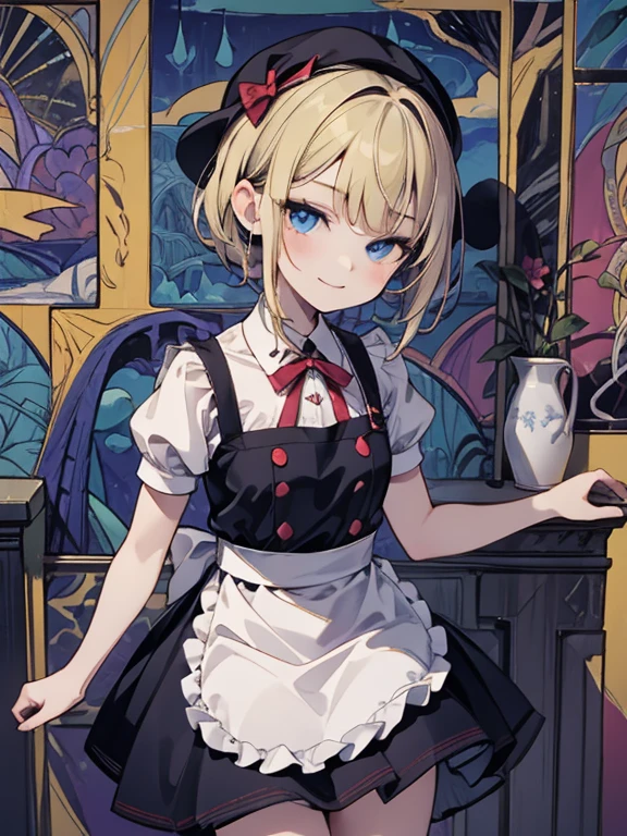 masterpiece, Highest quality, Very detailed, 16K, Ultra-high resolution, Cowboy Shot, Alice in Wonderland, (fauvism:1.4), 10-year-old girl, Detailed face, smile, blue eyes, blonde, Braiding, Long Hair, Ribbon on head, Blue clothes, Plain white apron, 大きなclockのある部屋で, clock, 壁clock, Music Box