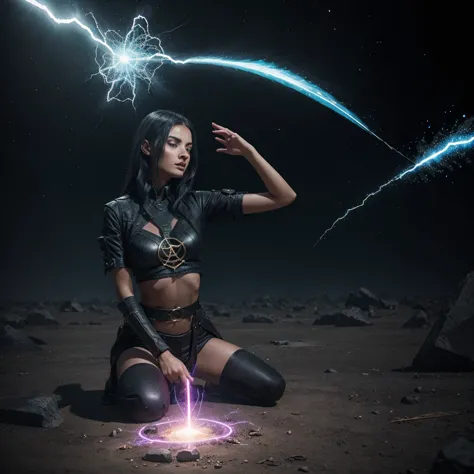 cryptic girl is casting a spell, wastelands, energy sparks up from the ground and connects to cryptic girl who is making mystic ...