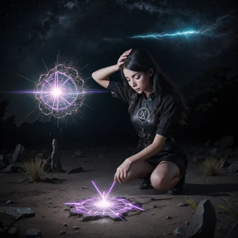 cryptic girl is casting a spell, wastelands, energy sparks up from the ground and connects to cryptic girl who is making mystic ...