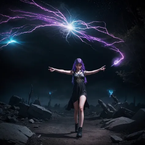 cryptic girl is casting a spell, wastelands, energy sparks up from the ground and connects to cryptic girl who is making mystic ...