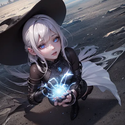 a cryptic girl casting a spell in a wasteland, energy sparks up from the ground and connects to her as she makes mystic symbols ...