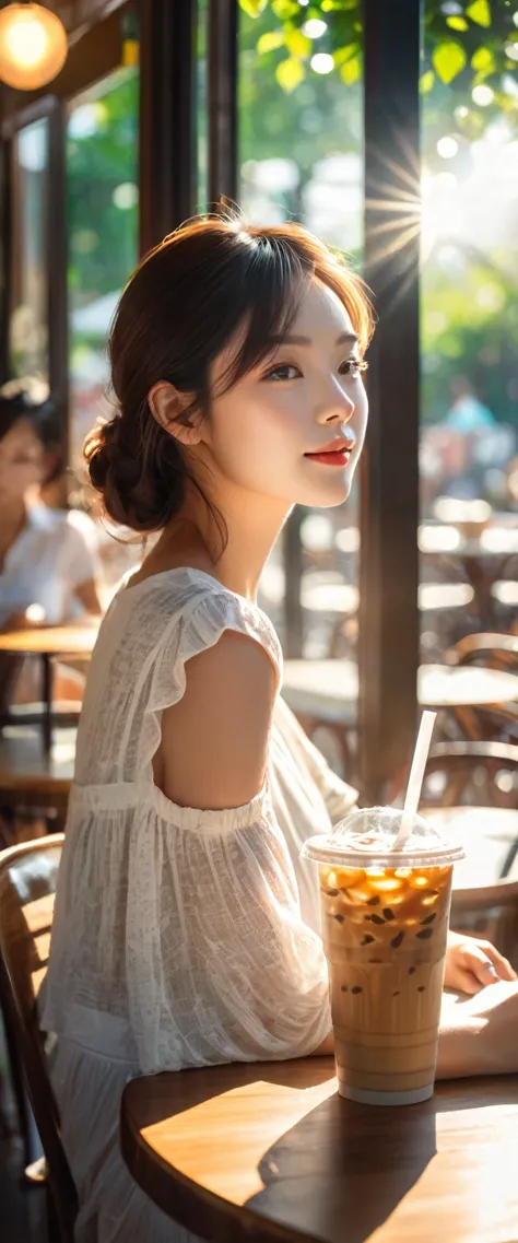 June heatwave，Beautiful girl enjoying the coolness in the cafe，There is a cup of ice coffee on the wooden table(Look out the win...