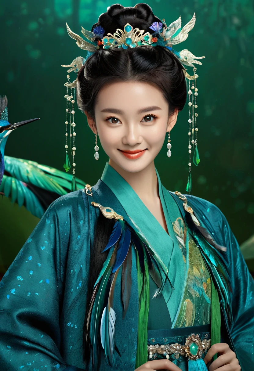 A poster for the Chinese movie , featuring an adorable 20 yearold girl dressed in traditional blue and green Kingfisher feather Hanfu , adorned with exquisite accessories and wearing blue and green Kingfisher feather hair ornaments on her head. She stands against the backdrop of blue and green Kingfisher feather。 showcasing elegance and cuteness., focus is sharp, intricate details, ultrahigh definition, masterpiece, best quality, high resolution, natural light, professional photography, shot by Canon camera, closeup, full body shot, look straight ahead, smiling