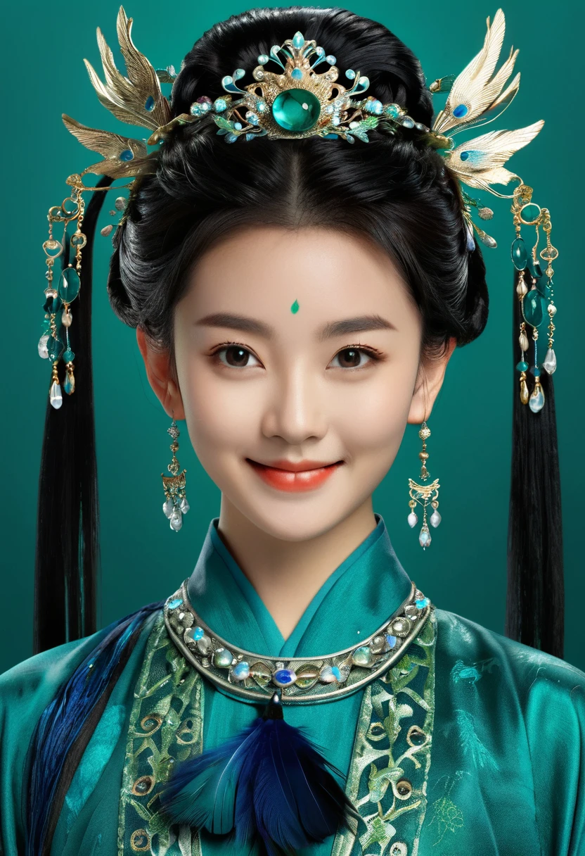 A poster for the Chinese movie , featuring an adorable 20 yearold girl dressed in traditional blue and green Kingfisher feather Hanfu , adorned with exquisite accessories and wearing blue and green Kingfisher feather hair ornaments on her head. She stands against the backdrop of blue and green Kingfisher feather。 showcasing elegance and cuteness., focus is sharp, intricate details, ultrahigh definition, masterpiece, best quality, high resolution, natural light, professional photography, shot by Canon camera, closeup, full body shot, look straight ahead, smiling