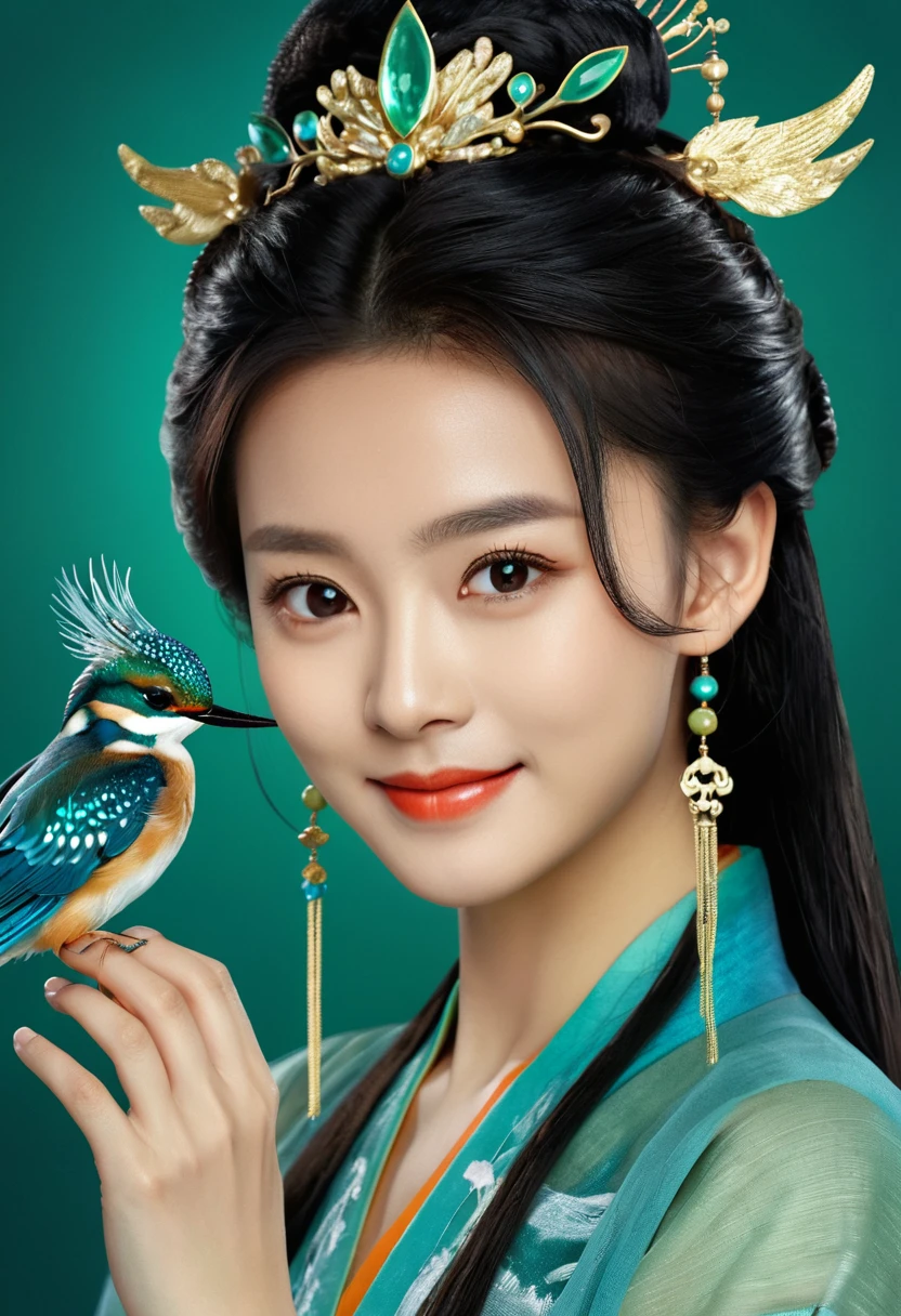 A poster for the Chinese movie , featuring an adorable 20 yearold girl dressed in traditional blue and green Kingfisher feather Hanfu , adorned with exquisite accessories and wearing blue and green Kingfisher feather hair ornaments on her head. She stands against the backdrop of blue and green Kingfisher feather。 showcasing elegance and cuteness., focus is sharp, intricate details, ultrahigh definition, masterpiece, best quality, high resolution, natural light, professional photography, shot by Canon camera, closeup, full body shot, look straight ahead, smiling