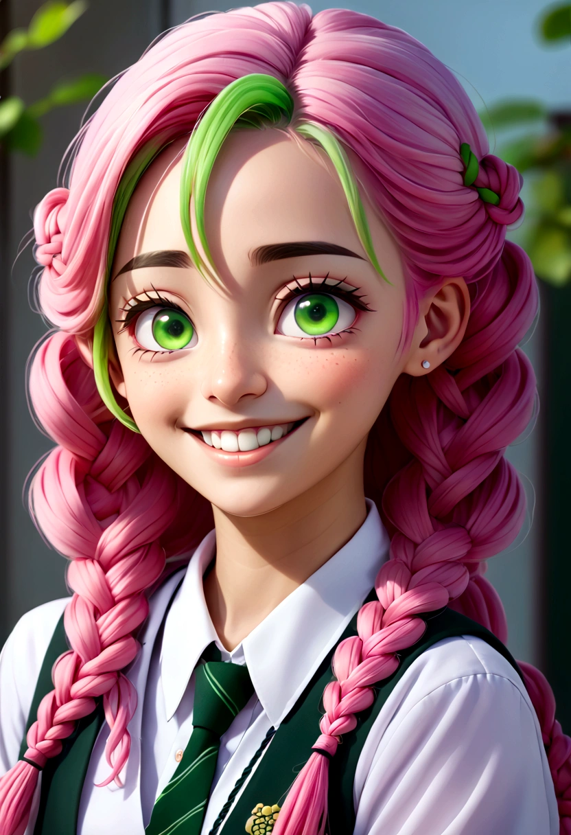 A school uniform with an open chest、Pink and green hair gradient、Mainly pink hair、smile、Mole under both eyes、smile、Braids Ⓜ Artistic