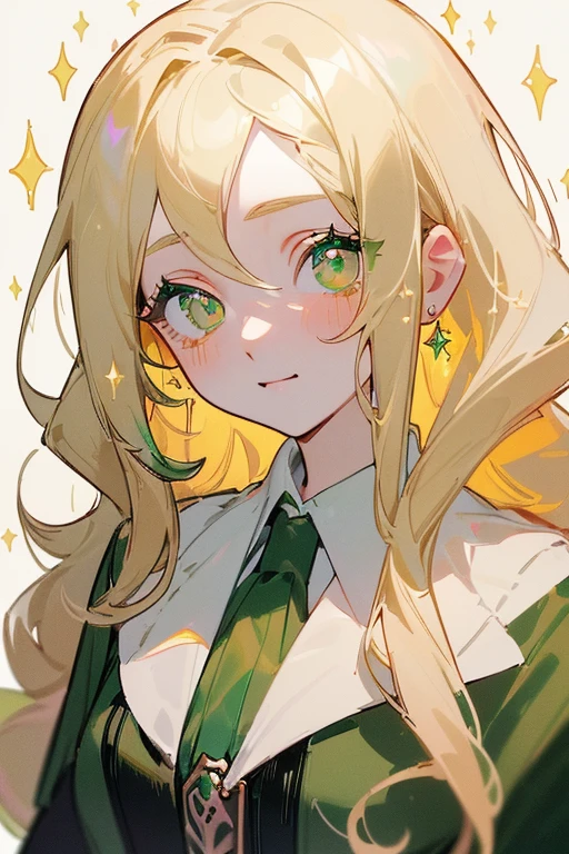 ((, Masterpiece: 1.5, best quality, high resolution: 1.3, super resolution, super detailed, ultra detailed: 1.3, Perfect Anatomy:1.5, 1 woman ) pale skin + long white wavy hair + green eyes + long eyelashes + figure feminine (hogwarts uniform, Slytherin colors) ((open eyes, cute friendly expression, sparkle in eyes))