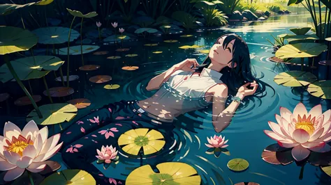 （Background with：ponds，cherry forest，Lotus flower）Lie down under d&#39;water， She has long blonde hair，seen from the front，almos...