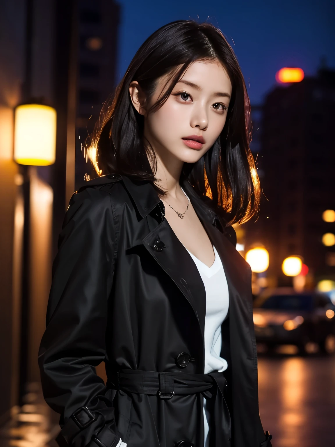 (Black trench coat), (Ultra-high resolution), (masterpiece), (Attention to detail), (high quality), (最high quality), ((Upper Body Shot)) , One Girl , background, Night view, City, Neon Light, modern, stylish, cool, Street lamp, skyscraper, Light and shadow, contrast, mysterious, Sophisticated, after the rain, reflection, specular effect, cool, chic, monochrome