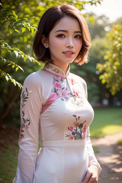 (a gorgeous lady, age 18, dimpled smile, cute snaggle-tooth, pink short hair, beautiful detailed face, beautiful detailed eyes, ...