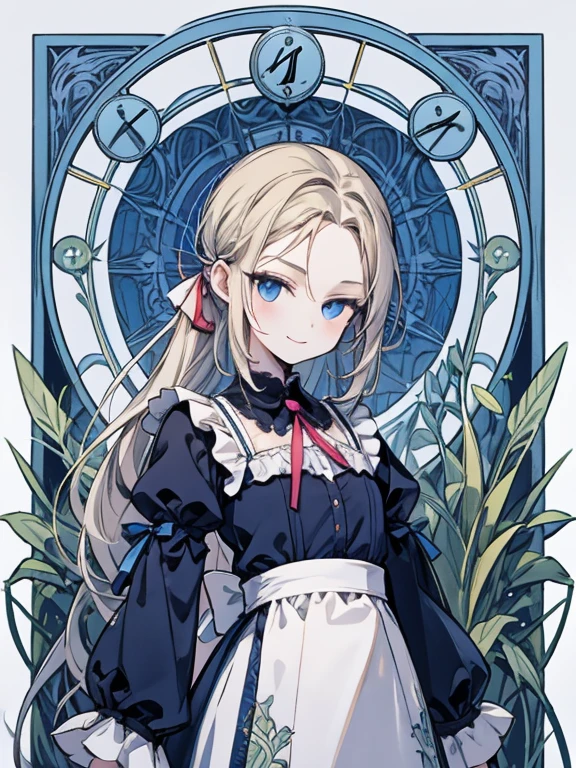 masterpiece, Highest quality, Very detailed, 16K, Ultra-high resolution, Cowboy Shot, Alice in Wonderland, (art nouveau:1.6), 10-year-old girl, Detailed face, smile, blue eyes, blonde, Braiding, Long Hair, ponytail, Ribbon on head, Blue clothes, Plain white apron, 大きなclockのある部屋で, clock, 壁clock, Music Box