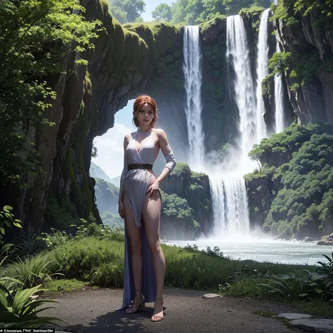 kate mara (age 25), is a jedi (dressed appropriate t the scene). she is on an alien jungle world and has stopped to shower under...