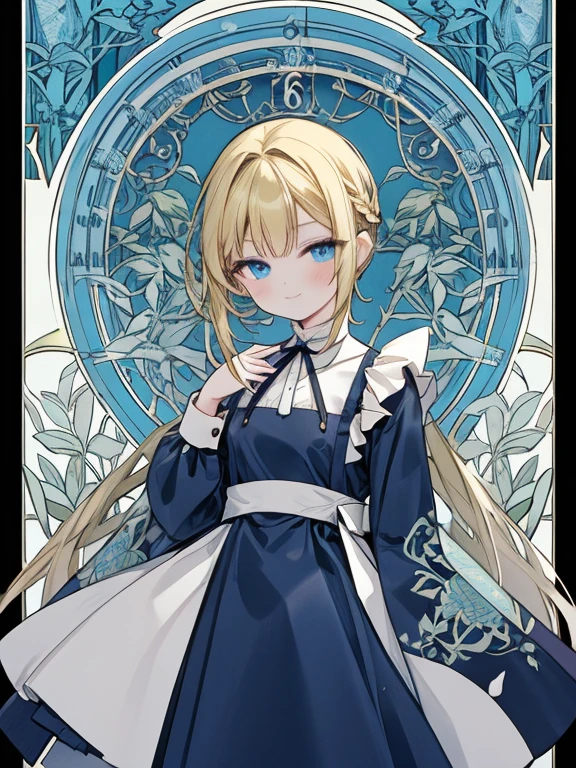 masterpiece, Highest quality, Very detailed, 16K, Ultra-high resolution, Cowboy Shot, Alice in Wonderland, (art nouveau:1.6), 10-year-old girl, Detailed face, smile, blue eyes, blonde, Braiding, Long Hair, ponytail, Ribbon on head, Blue clothes, Plain white apron, 大きなclockのある部屋で, clock, 壁clock, Music Box