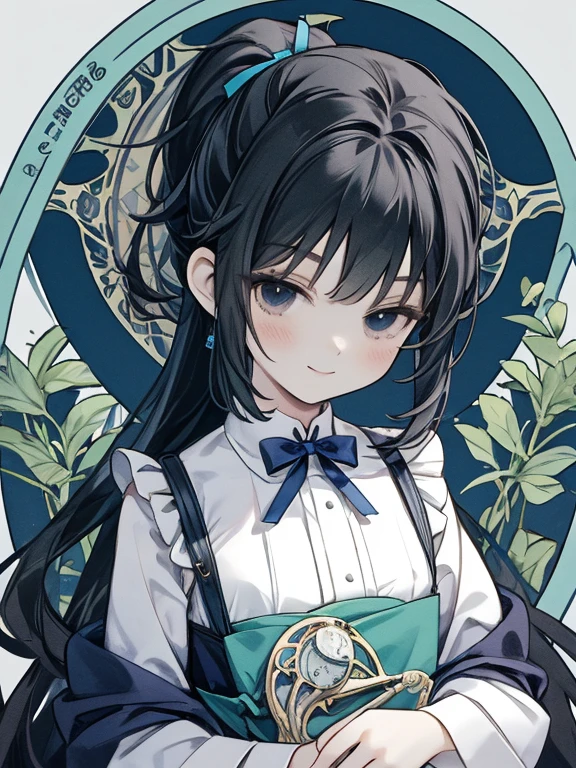 masterpiece, Highest quality, Very detailed, 16K, Ultra-high resolution, Cowboy Shot, Alice in Wonderland, (art nouveau:1.6), , Detailed face, smile, black eye, Black Hair, Long Hair, ponytail, Ribbon on head, Blue clothes, Plain white apron, In a room with a big clock, clock, 壁clock, Music Box