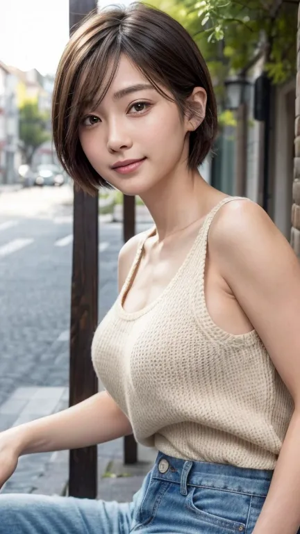 8K、Realistic、High resolution、high quality、High resolution、1人のwoman、woman、Late 20s、short hair、faceが小さい、Brown Hair、長いface、expensiv...