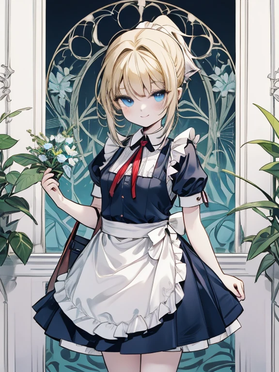 masterpiece, Highest quality, Very detailed, 16K, Ultra-high resolution, Cowboy Shot, Alice in Wonderland, (art nouveau:1.4), 10-year-old girl, Detailed face, smile, blue eyes, blonde, Braiding, Long Hair, ponytail, Ribbon on head, Blue clothes, Plain white apron, 大きなclockのある部屋で, clock, 壁clock, Music Box