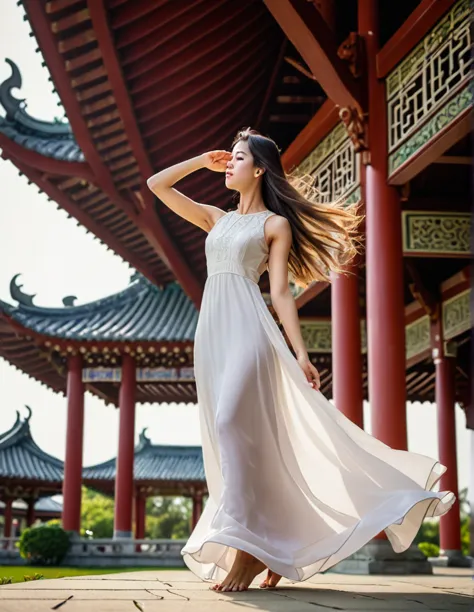 A stunning portrait photograph of a beautiful woman with long, flowing hair, wearing a white, sleeveless, floor-length dress. Ca...
