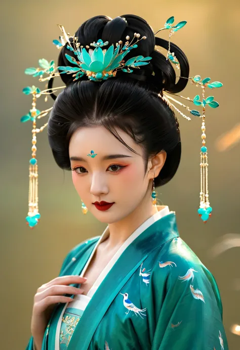 1 girl wearing traditional blue-green kingfisher feather hanfu , wearing exquisite accessories，high bun，wearing a blue-green kin...