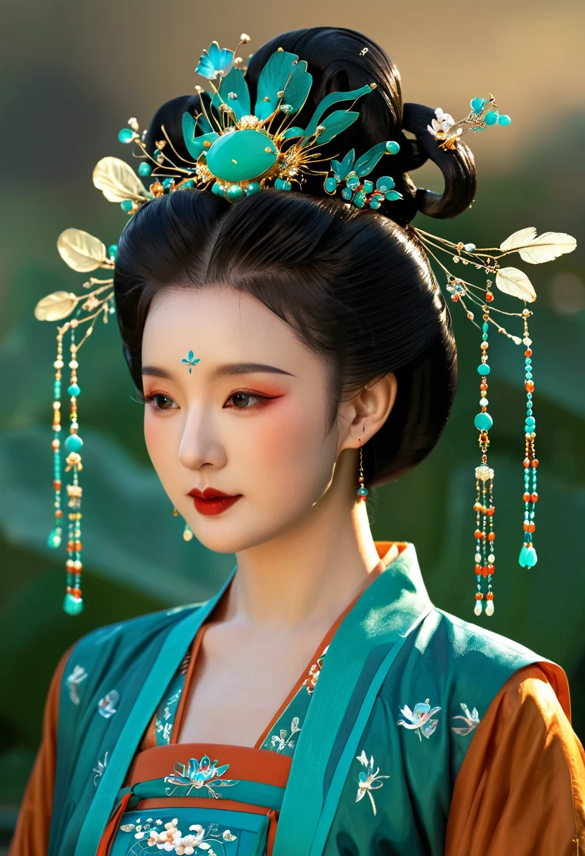 1 girl wearing traditional blue-green kingfisher feather Hanfu , Wearing exquisite accessories，High bun，Wearing a blue-green kingfisher feather hair ornament. Turquoise。 Ultra HD, masterpiece, best quality, high resolution, Natural light, Professional photography,