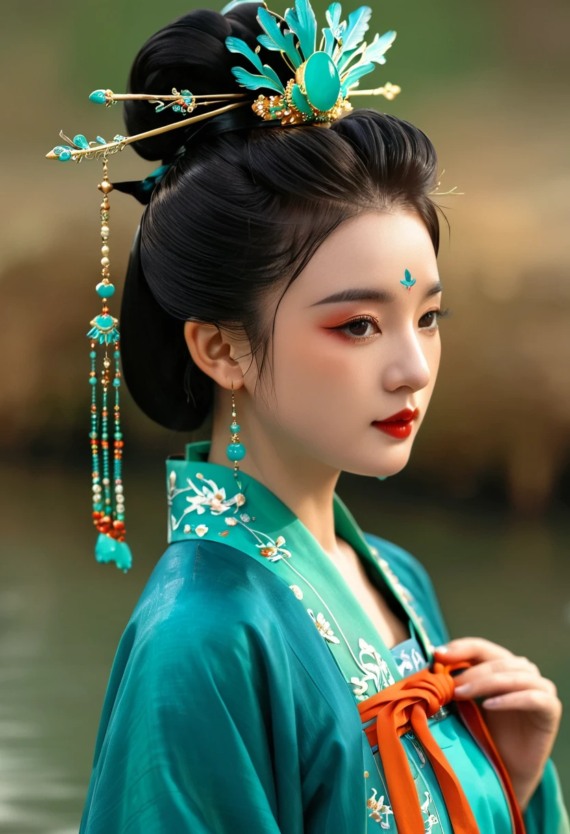 1 girl wearing traditional blue-green kingfisher feather Hanfu , Wearing exquisite accessories，High bun，Wearing a blue-green kingfisher feather hair ornament. Turquoise。 Ultra HD, masterpiece, best quality, high resolution, Natural light, Professional photography,