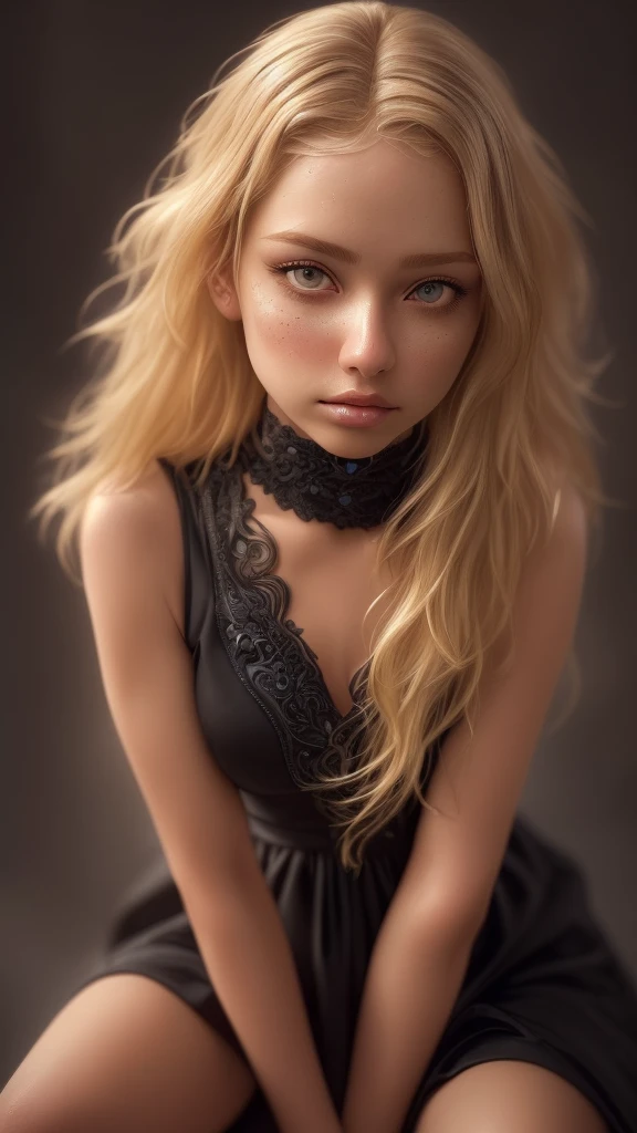 Prompt: Realistic, (photorealistic:1.4), beautiful fantasy girl with blond and brown highlight hairs , sitting pose, wearing a black dress with white detail , ultra detailed face, intricate details, skin texture, pores, highlights, hyperdetailed, soft natural light, exposure blend, flat color, low contrast