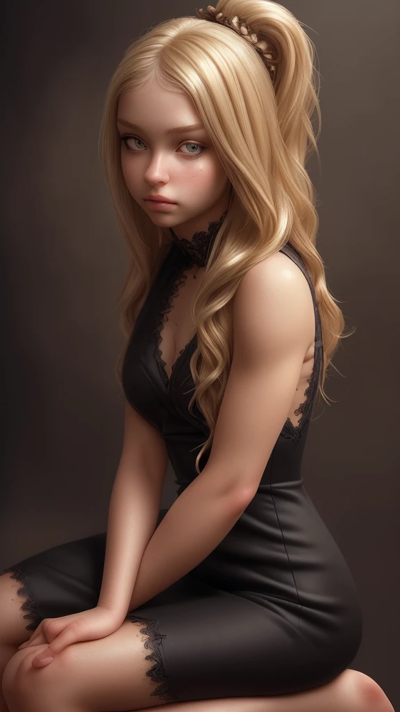 Prompt: Realistic, (photorealistic:1.4), beautiful fantasy girl with blond and brown highlight hairs , sitting pose, wearing a black dress with white detail , ultra detailed face, intricate details, skin texture, pores, highlights, hyperdetailed, soft natural light, exposure blend, flat color, low contrast