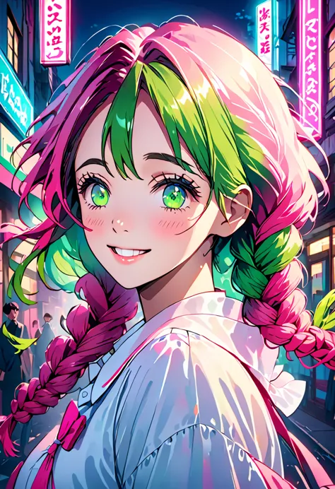 fashion portrait color photography, escape, neon light 、a school uniform with an open chest、pink and green hair gradient、mainly ...