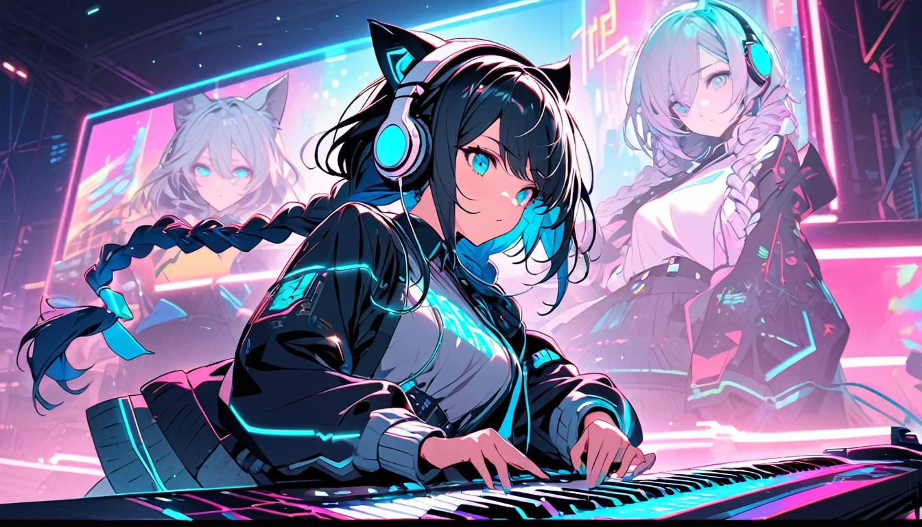 Beautiful 1, single, girl with braids, hair with glowing wires Wears a half hat, headphones, cat ears, mixed with sci-fi and neon tones. In the background is a robot with neon lights. The background image is a large robot, clearly visible. ,on stage, playing keyboard