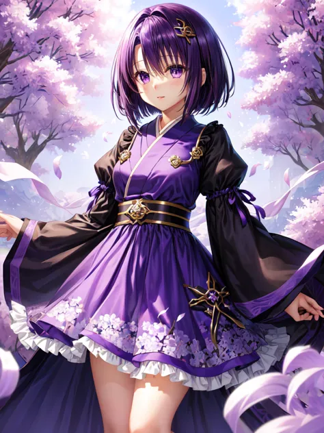 Hanasosuzu,standing,dark puple fluffy hair,dark purple eyes,short hair,