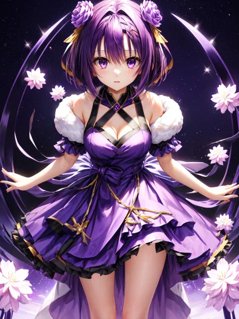 Hanasosuzu,standing,dark puple fluffy hair,dark purple eyes,short hair,