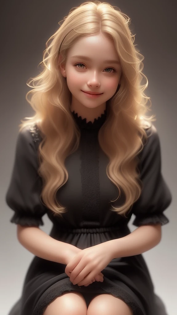 Prompt: Realistic, (photorealistic:1.4), beautiful happy girl with blond and brown highlight hairs , sitting pose, wearing a black dress with white detail , ultra detailed face, intricate details, skin texture, pores, highlights, hyperdetailed, soft natural light, exposure blend, flat color, low contrast