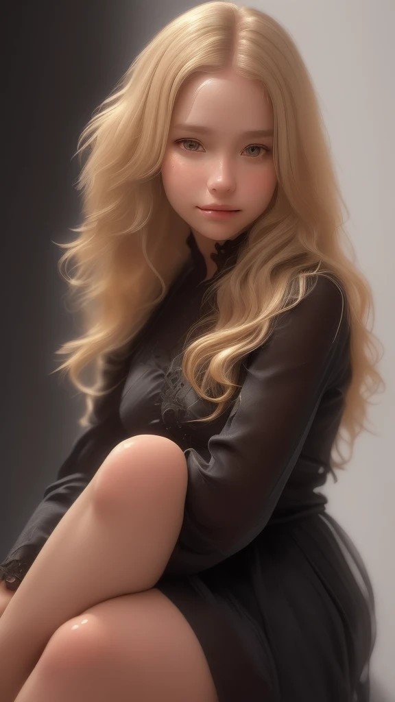 Prompt: Realistic, (photorealistic:1.4), beautiful happy girl with blond and brown highlight hairs , sitting pose, wearing a black dress with white detail , ultra detailed face, intricate details, skin texture, pores, highlights, hyperdetailed, soft natural light, exposure blend, flat color, low contrast