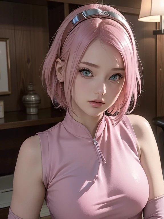 (((masterpiece+best quality+high resolution+Very detailed))), Sakura Haruno, Solitary, (([Miss]: 1.3 + [beauty]: 1.3+ Pink Hair: 1.5)), Pink Eyes, Bright Eyes, Dynamic angles and poses, wallpaper, ((Naturally large breasts:1.2)), Sakura Haruno outfit, (Surreal:1.5), (Photo-realistic:1.5), (Ultra HD:1.5), Crystal tattoo on forehead, Not suitable for working hours, Slim, Vest