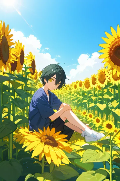 Painting of a boy sitting in a flower bed, 1boy, coronation of Prince of Flowers, Official Anime Artwork, Prince of Flowers, sce...