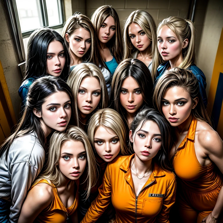集合写真, 笑顔, 中くらいの胸,8人の女子,美しい顔,視聴者を見る, 受刑者 ,現実的,刑務所 cell,orange 刑務所 jumpsuit,刑務所,(傑作, 高品質:1.2) さまざまな女性, 完璧な顔.