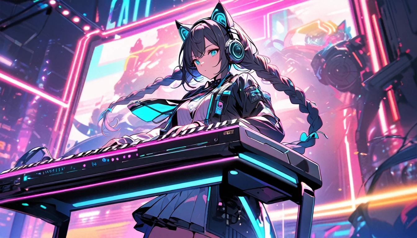 Beautiful 1, single, girl with braids, hair with glowing wires Wears a half hat, headphones, cat ears, mixed with sci-fi and neon tones. In the background is a robot with neon lights. The background image is a large robot, clearly visible. ,on stage, playing keyboard