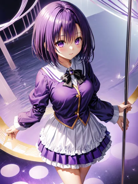 Hanasosuzu,standing,dark puple fluffy hair,dark purple eyes,short hair,uniform,shirt,skirt