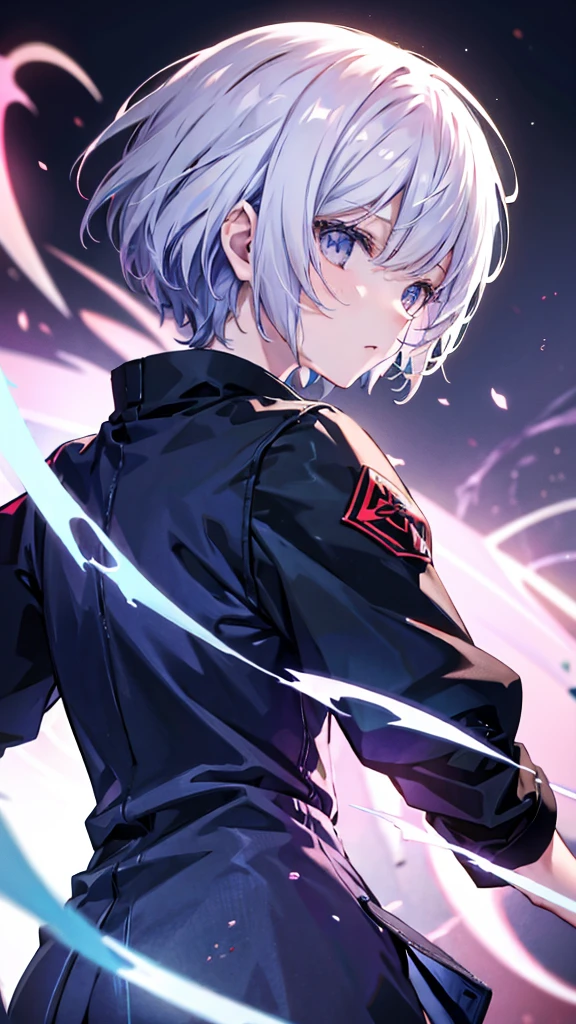 profile background, anime girl, serious face, fringe, short white hair, eyes purple, student clothing, high-res portrait, detailed eyes and face, character, fantasy, with a blue dragon behind, advanced urban, looking from behind at viewer, 4K, high resolution