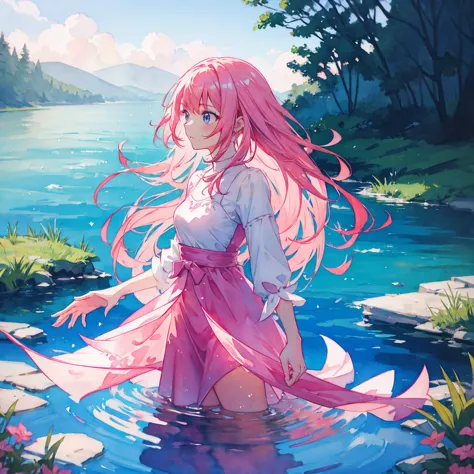 girl, watercolor, pink hair lake, wade, wind, picturesque, elegant, long navy night dress, sparkling, highly detailed