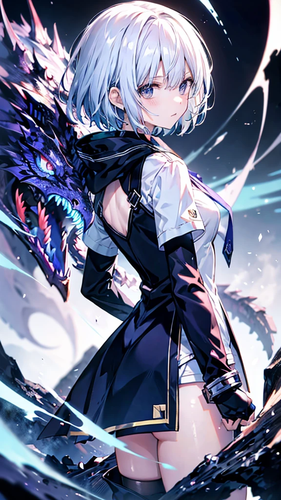 profile background, anime girl, serious face, fringe, short white hair, eyes purple, student clothing, high-res portrait, detailed eyes and face, character, fantasy, with a blue dragon behind, advanced urban, looking from behind at viewer, 4K, high resolution