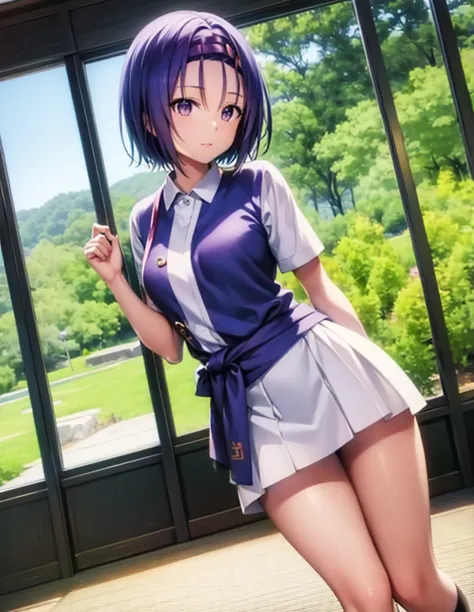 Sairenji Haruna,Haruna Sairenji,standing,uniform,shirt,skirt,short hair,white shirt,green skirt