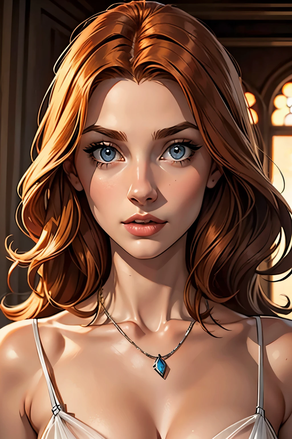 best qualityer, work of art, (realisitic: 1.2), 1 girl, slender girl, ginger hair, eyes browns, 3/4 view, face detailed, gorgeous eyes, eyes gray, eyes large, breasts small, necklace, see through gown