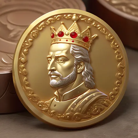 the king holds a coin with his image, cinematic photo analog style portrait of an very detailed portrait of (((oh man))) like an...