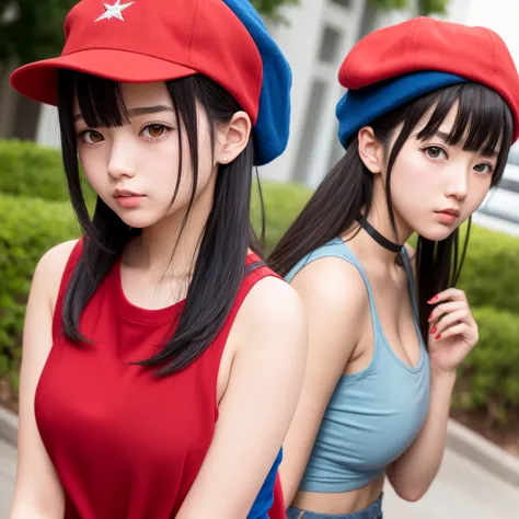 1 girl,anime style,hair black with red hat,blue shirt