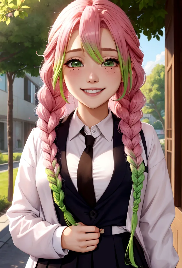 A school uniform with an open chest、Pink and green hair gradient、Mainly pink hair、smile、Mole under both eyes、smile、Braid、Artisti...